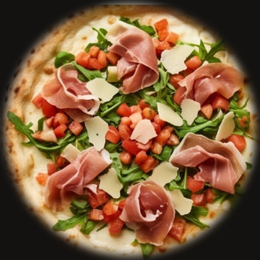 Wood-fired bruschetta pizza with rocket, tomato, grana padano and prosciutto crudo