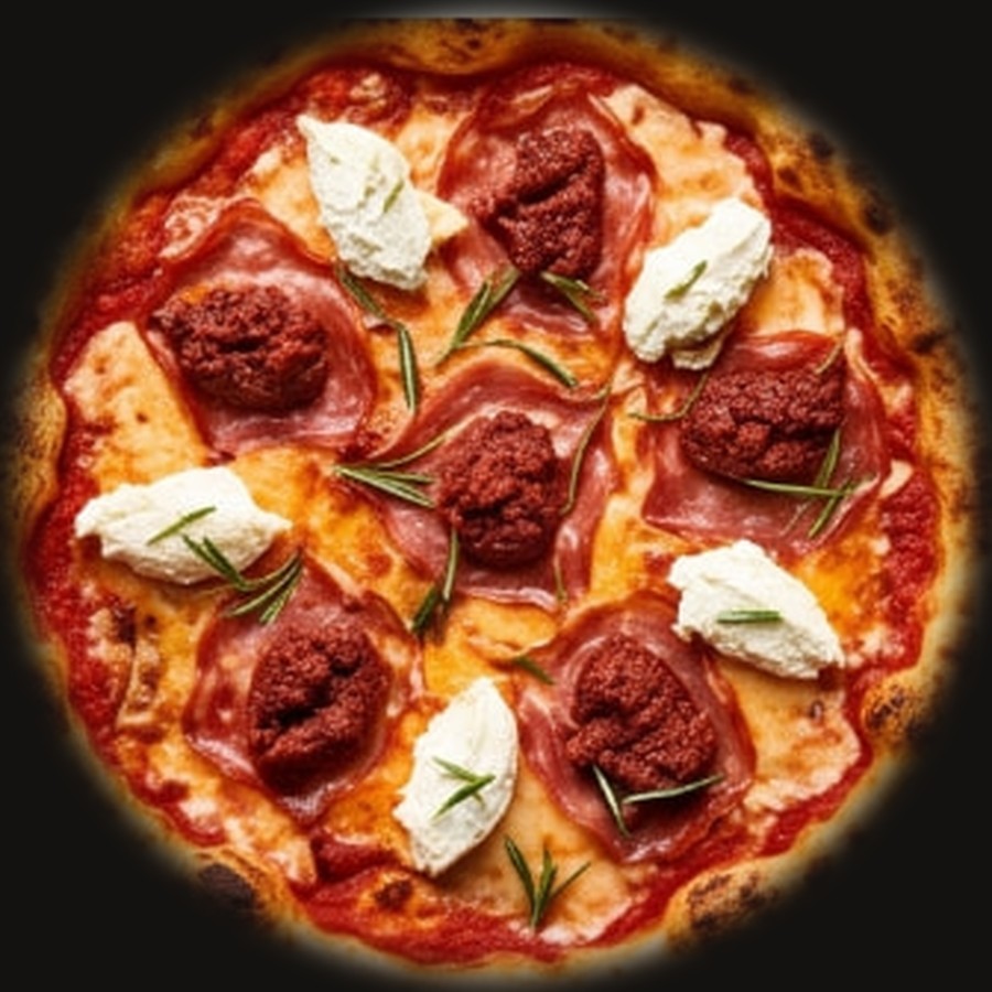 Wood-fired Calabrese pizza with nduja, spianata, mascarpone and rosemary
