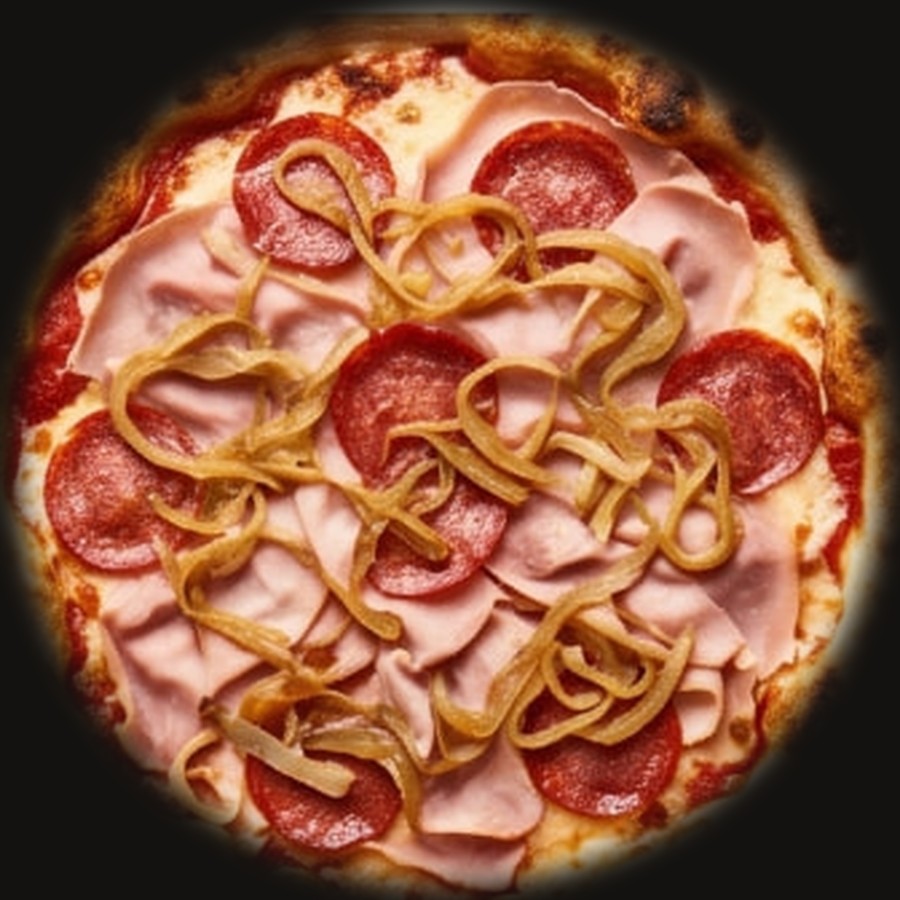 Wood-fired Leo pizza with prosciutto cotto, pepperoni, salami and caramelised onion