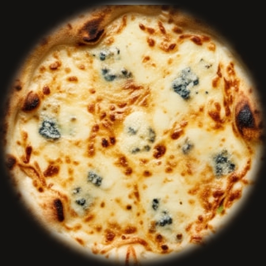 Wood-fired quattro formaggi pizza with gorgonzola, grana padano and scamorza