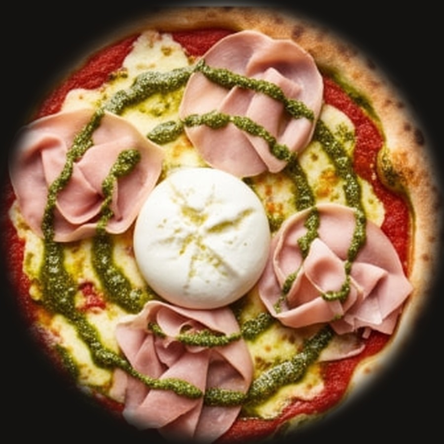 Wood-fired San Daniele pizza with prosciutto cotto, pesto and burrata